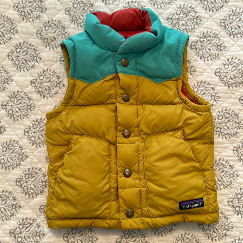 Patagonia Kids Mustard Yellow & Teal Puffer Vest with Red Lining